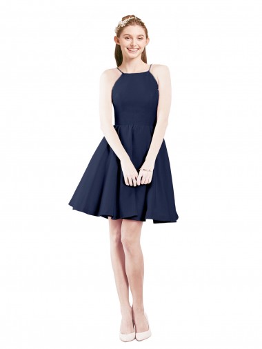 Sleeveless Dark Navy Open Back A-Line Halter Neck Bridesmaid Gown Mississauga