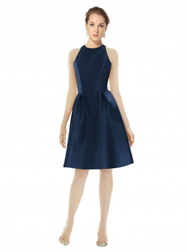 Sleeveless Dark Navy A-Line Satin Halter Neck Bridesmaid Dress Mississauga