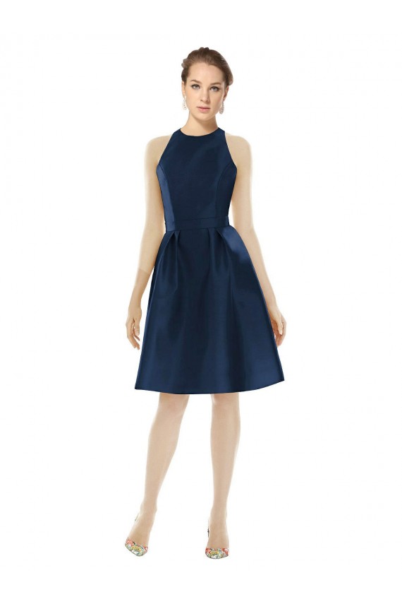 Sleeveless Dark Navy A-Line Satin Halter Neck Bridesmaid Dress Mississauga