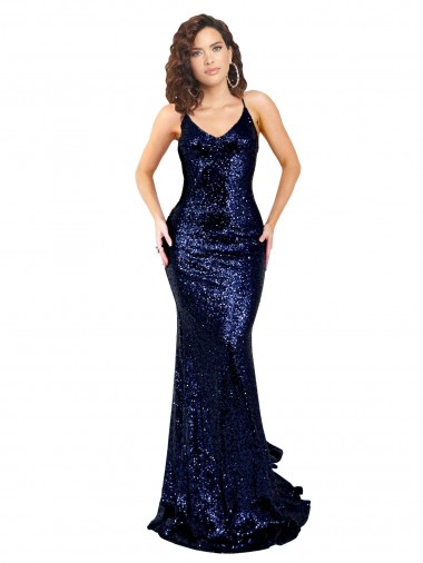 Sleeveless Dark Navy Low Back Mermaid V-Neck Formal Evening Gown / Prom Dress / Bridesmaid Dress Mississauga