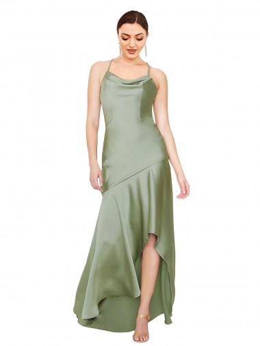 Sleeveless Smoke Green Criss Cross Open Back A-Line Cowl Neck High Low Evening Gown / Prom Dress / Bridesmaid Dress Mississauga