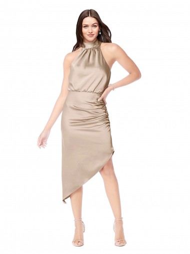 Sleeveless Champagne Pink A-Line Halter Neck High Low Prom Dress / Bridesmaid Dress Mississauga