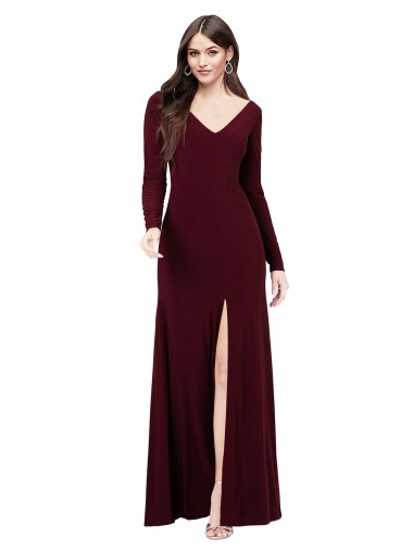 Long Sleeves Burgundy Gold V-Back Sheath V-Neck Prom Dress / Bridesmaid Dress Mississauga
