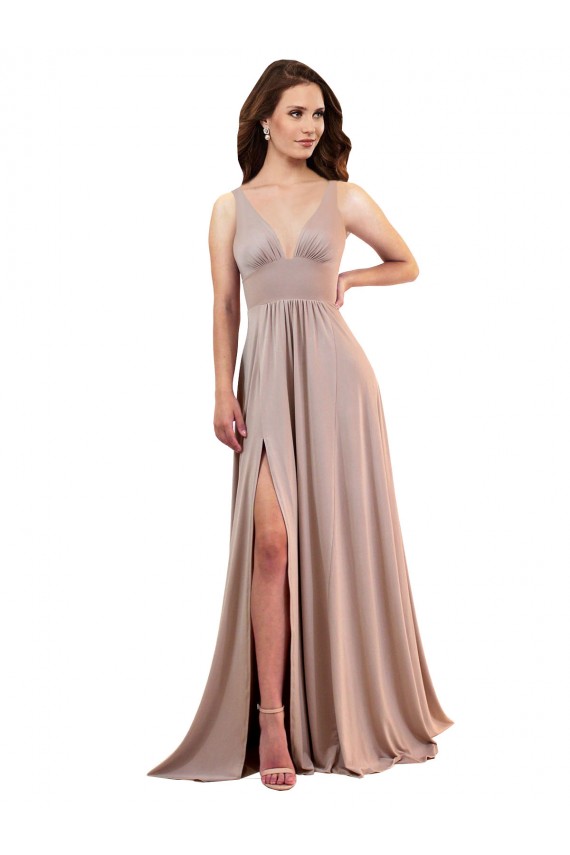 Sleeveless Dusty Pink Low Back A-Line V-Neck Black Tie Evening Gown / Prom Dress / Bridesmaid Dress Mississauga