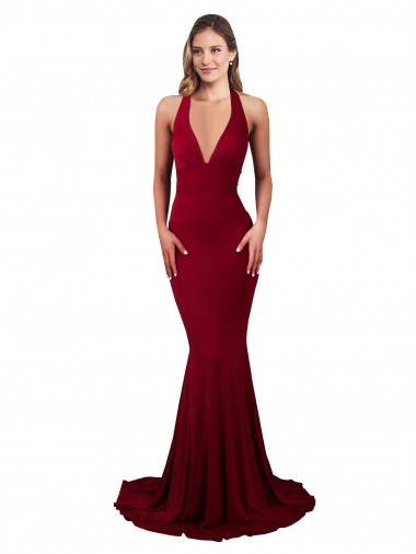 Sleeveless Burgundy Open Back Mermaid Halter Neck Formal Evening Gown / Prom Dress / Bridesmaid Dress Mississauga