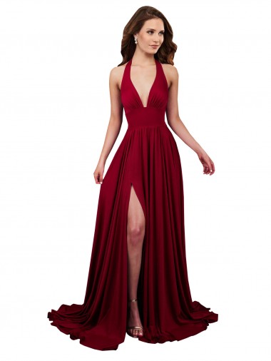 Sleeveless Burgundy Open Back A-Line Halter Neck Black Tie Evening Gown / Prom Dress / Bridesmaid Dress Mississauga
