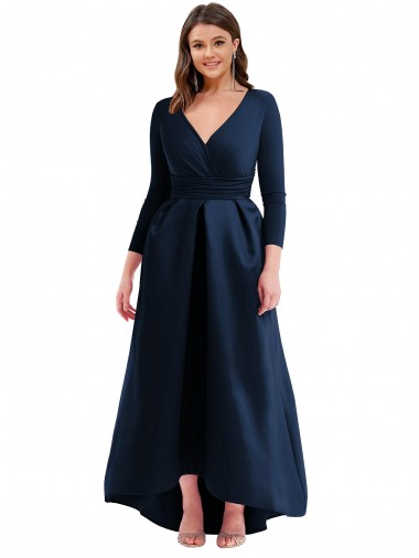Long Sleeves Dark Navy Ball Gown V-Neck High Low Plus Size Evening Gown / Prom Dress / Bridesmaid Dress Mississauga