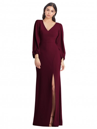 Puff Sleeves Burgundy Gold Trumpet V-Neck Semi Formal Evening Dress / Prom Dress / Bridesmaid Dress Mississauga