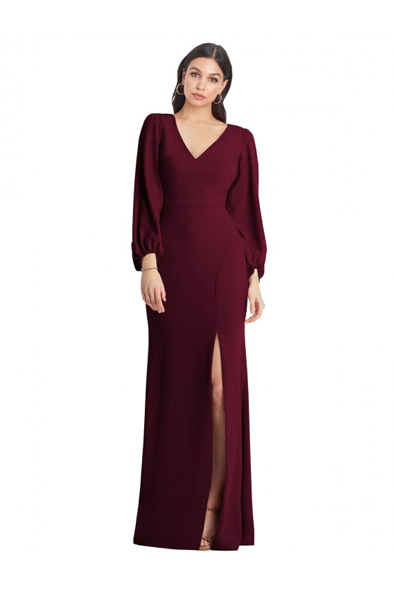 Puff Sleeves Burgundy Gold Trumpet V-Neck Semi Formal Evening Dress / Prom Dress / Bridesmaid Dress Mississauga