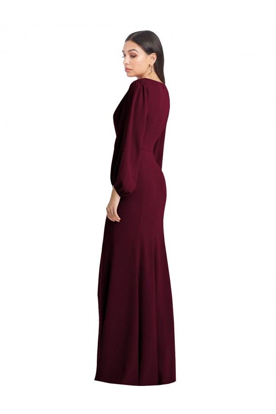 Puff Sleeves Burgundy Gold Trumpet V-Neck Semi Formal Evening Dress / Prom Dress / Bridesmaid Dress Mississauga