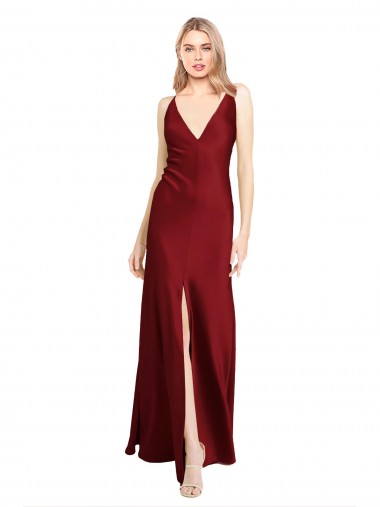 Sleeveless Burgundy V-Back A-Line Stretch Satin V-Neck Black Tie Evening Gown / Prom Dress / Bridesmaid Dress Mississauga