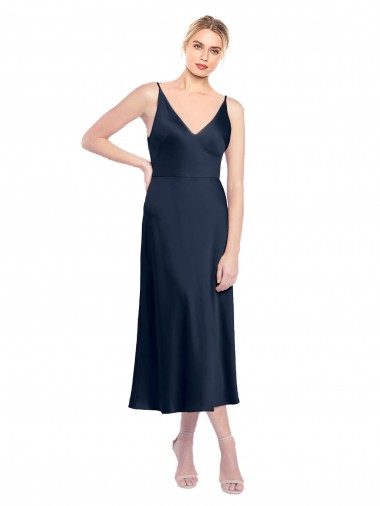 Sleeveless Dark Navy V-Back A-Line Stretch Satin V-Neck Formal Evening Gown / Prom Dress / Bridesmaid Dress Mississauga
