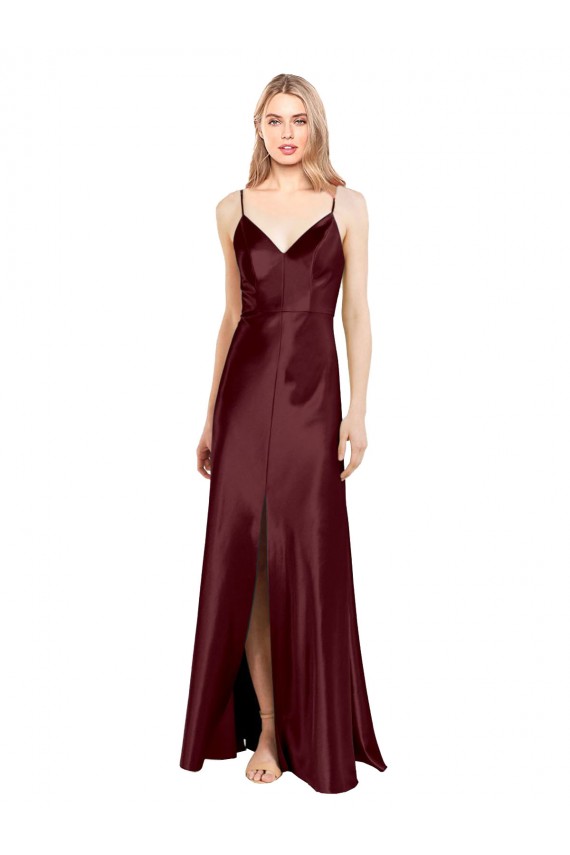 Sleeveless Burgundy Gold A-Line Stretch Satin Spaghetti Straps Bridesmaid Dress / Evening Dress Mississauga