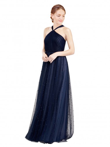 Sleeveless Navy Blue A-Line Halter Neck Bridesmaid Dress / Evening Dress Mississauga