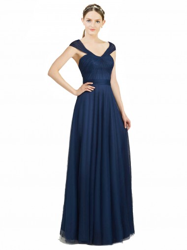Sleeveless Dark Navy Open Back A-Line V-Neck Bridesmaid Dress Mississauga