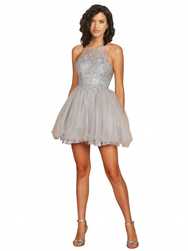 Sleeveless Silver Criss Cross Open Back A-Line Halter Neck Bridesmaid Dress Mississauga