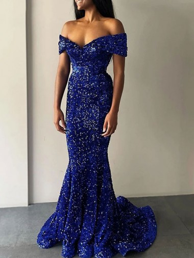 Sleeveless Royal Blue Mermaid Off the Shoulder Prom Dresses Mississauga