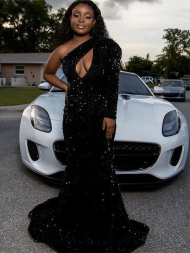 Long Sleeves Black Sheath One Shoulder Prom Dress Mississauga
