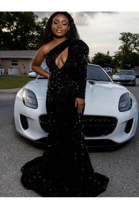 Long Sleeves Black Sheath One Shoulder Prom Dress Mississauga