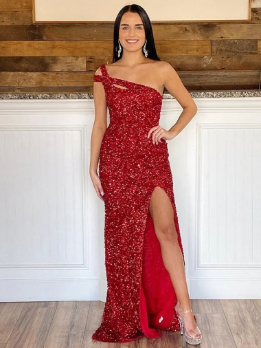 Sleeveless Burgundy Sheath Velvet Sequin One Shoulder Evening Dresses Mississauga