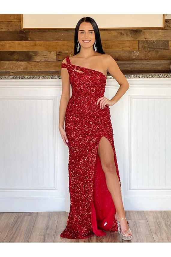 Sleeveless Burgundy Sheath Velvet Sequin One Shoulder Evening Dresses Mississauga
