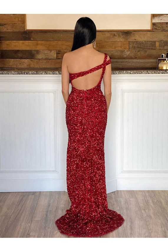 Sleeveless Burgundy Sheath Velvet Sequin One Shoulder Evening Dresses Mississauga