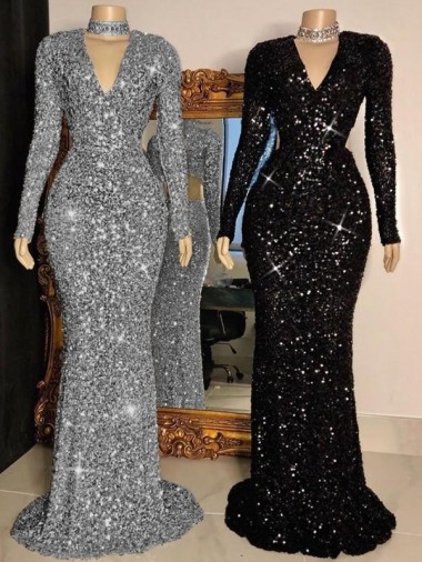 Long Sleeves Black Sheath V-Neck Prom Dress Mississauga