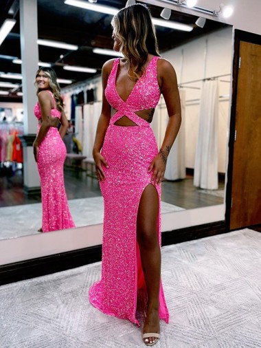 Sleeveless Shown Color Sheath Velvet Sequin V-Neck Evening Dress Mississauga