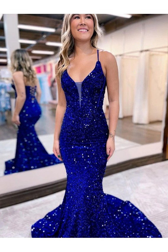 Sleeveless Royal Blue Mermaid V-Neck Prom Dress Mississauga