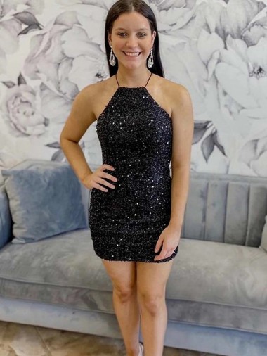Sleeveless Black Sheath Halter Neck Prom Dress Mississauga