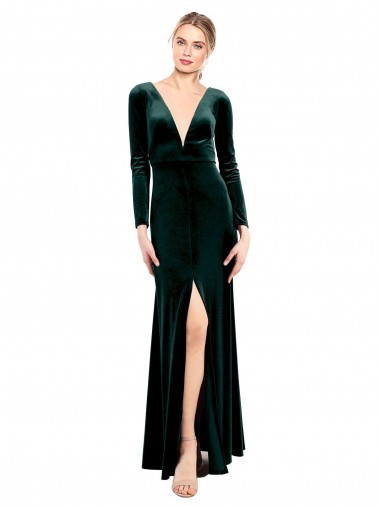 Long Sleeves Dark Green Open Back A-Line V-Neck Black Tie Prom Dress / Bridesmaid Dress Mississauga