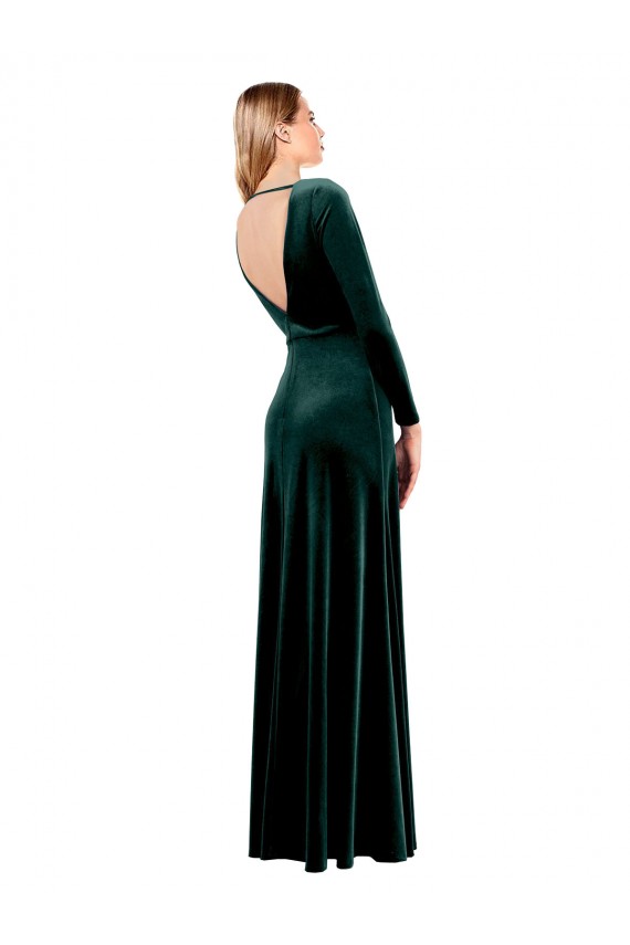 Long Sleeves Dark Green Open Back A-Line V-Neck Black Tie Prom Dress / Bridesmaid Dress Mississauga