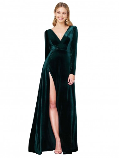 Long Sleeves Dark Green A-Line V-Neck Black Tie Evening Gown / Prom Dress / Bridesmaid Dress Mississauga