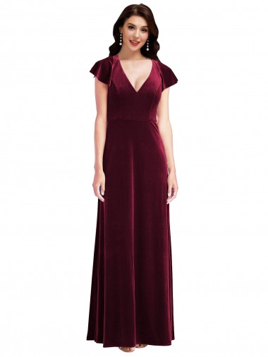 Flutter Sleeves Burgundy A-Line V-Neck Semi Formal Evening Dress / Prom Dress / Bridesmaid Dress Mississauga
