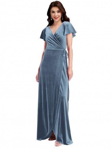 Flutter Sleeves Dusty Blue A-Line V-Neck Black Tie Evening Gown / Prom Dress / Bridesmaid Dress Mississauga