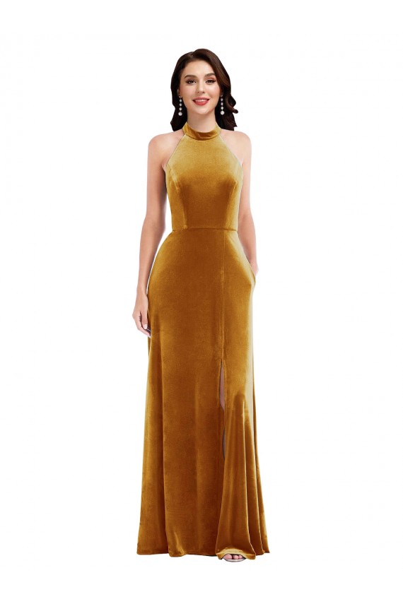 Sleeveless Gold Keyhole Back Trumpet Halter Neck Semi Formal Evening Dress / Prom Dress / Bridesmaid Dress Mississauga