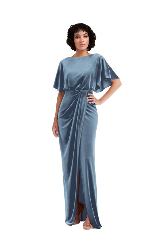 Flutter Sleeves Dusty Blue Open Back Sheath Semi Formal Evening Dress / Prom Dress / Bridesmaid Dress Mississauga