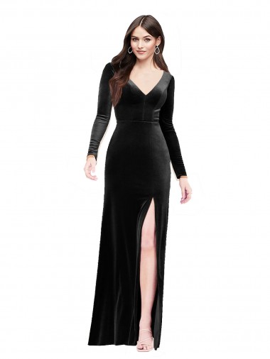 Long Sleeves Black V-Back Column V-Neck Formal Evening Gown / Prom Dress / Bridesmaid Dress Mississauga